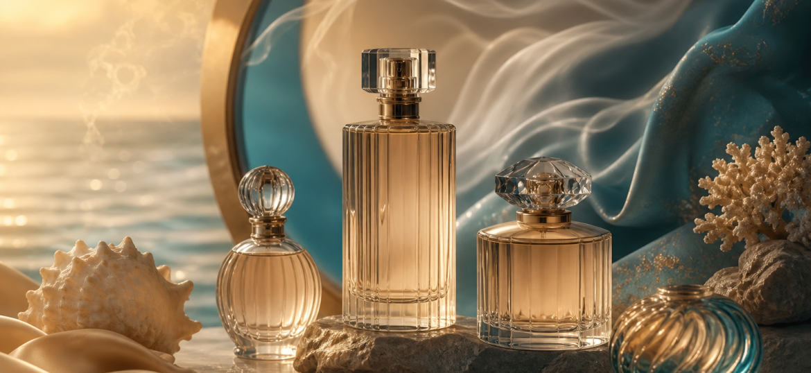 Luxury perfume bottles with soft mist illustrating how to layer perfume for a signature scent