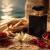 Sandalwood chips, saffron threads, jasmine and rose petals beside a black and gold luxury perfume bottle