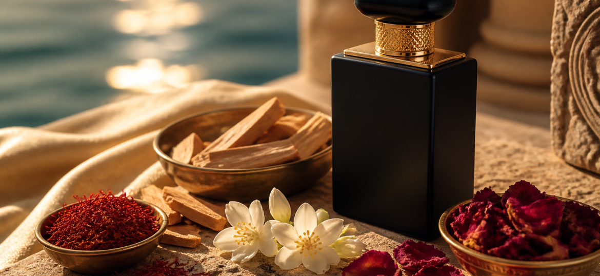 Indian Luxury Perfumes Heritage Ingredients Sandalwood chips, saffron threads, jasmine and rose petals beside a black and gold luxury perfume bottle